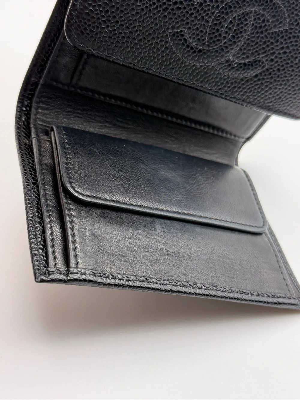 CHANEL Black Caviar Leather Compact Trifold Wallet